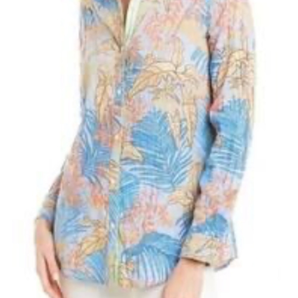 J. McLaughlin Tropical Print Button-Down Shirt in Blue & Orange Resort Luxury - Picture 5 of 16